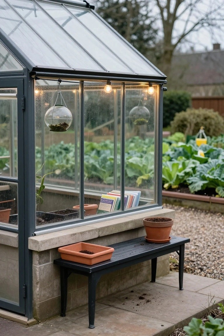 Gray metal-framed greenhouse with glass panels containing plants and hanging terrariums, string lights along the eaves, black wooden bench with orange soil tray and terracotta pot on gravel beside concrete base and garden beds.