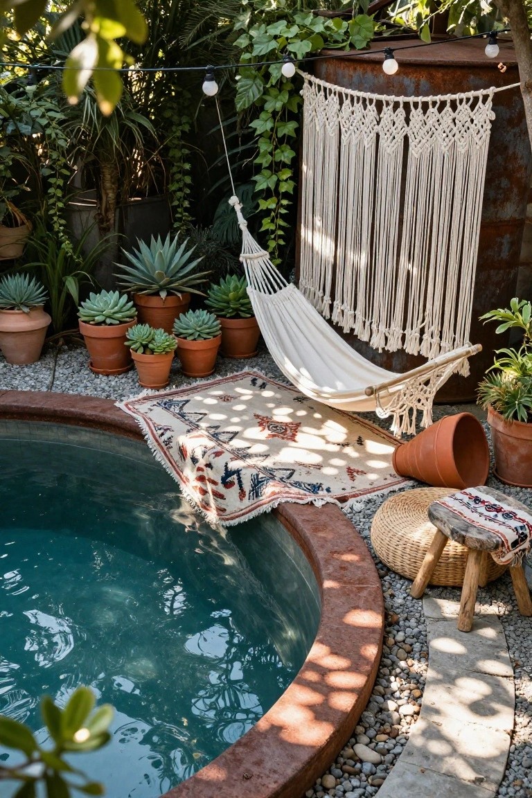 Round turquoise stock tank pool on gravel patio edged in red brick, with white hammock hanging nearby, surrounded by potted succulents, macrame wall hanging on rusted metal tank, patterned rug, woven stools, and string lights amid tropical plants.