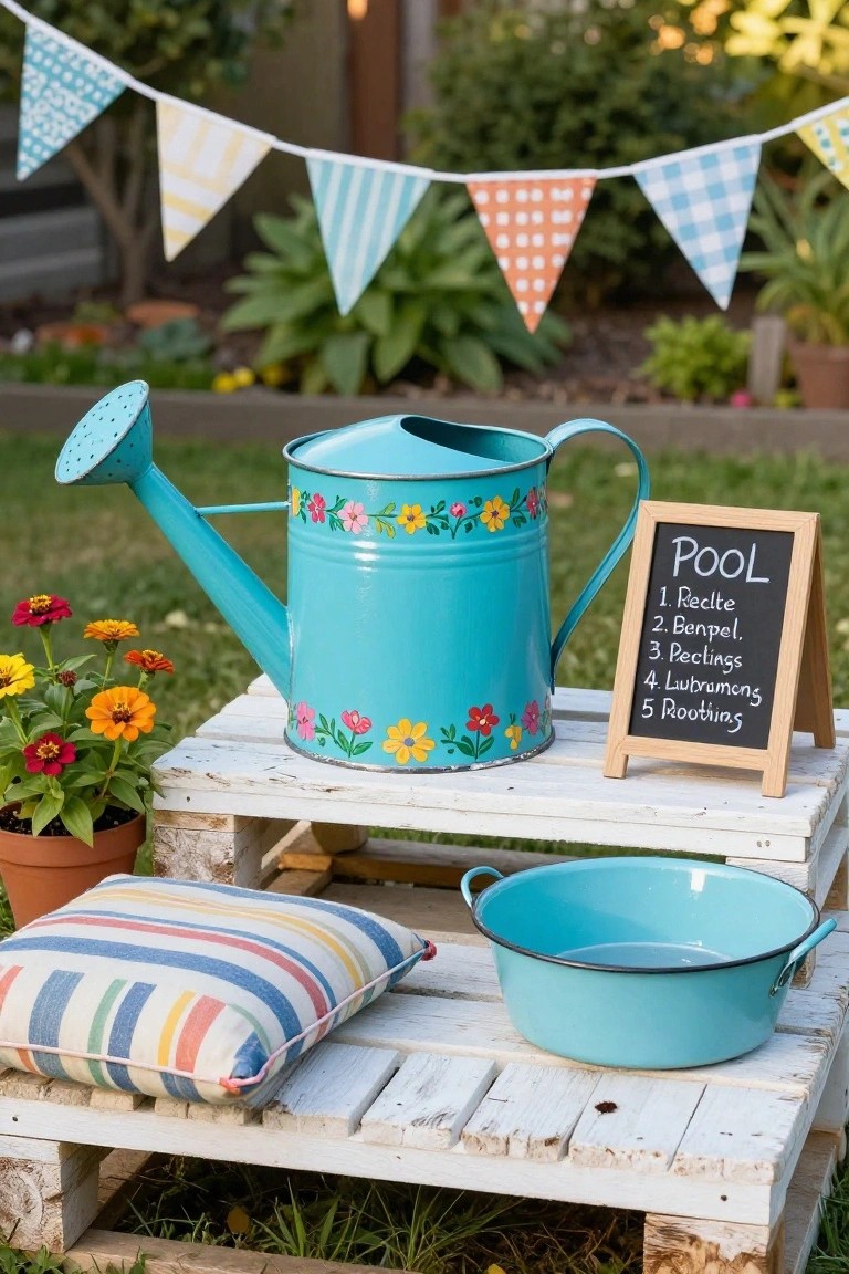 Wooden pallet platform holding a turquoise enamelware basin labeled as a pool next to a chalkboard sign with rules, turquoise watering can, potted flowers, and colorful cushion in a garden with bunting flags.
