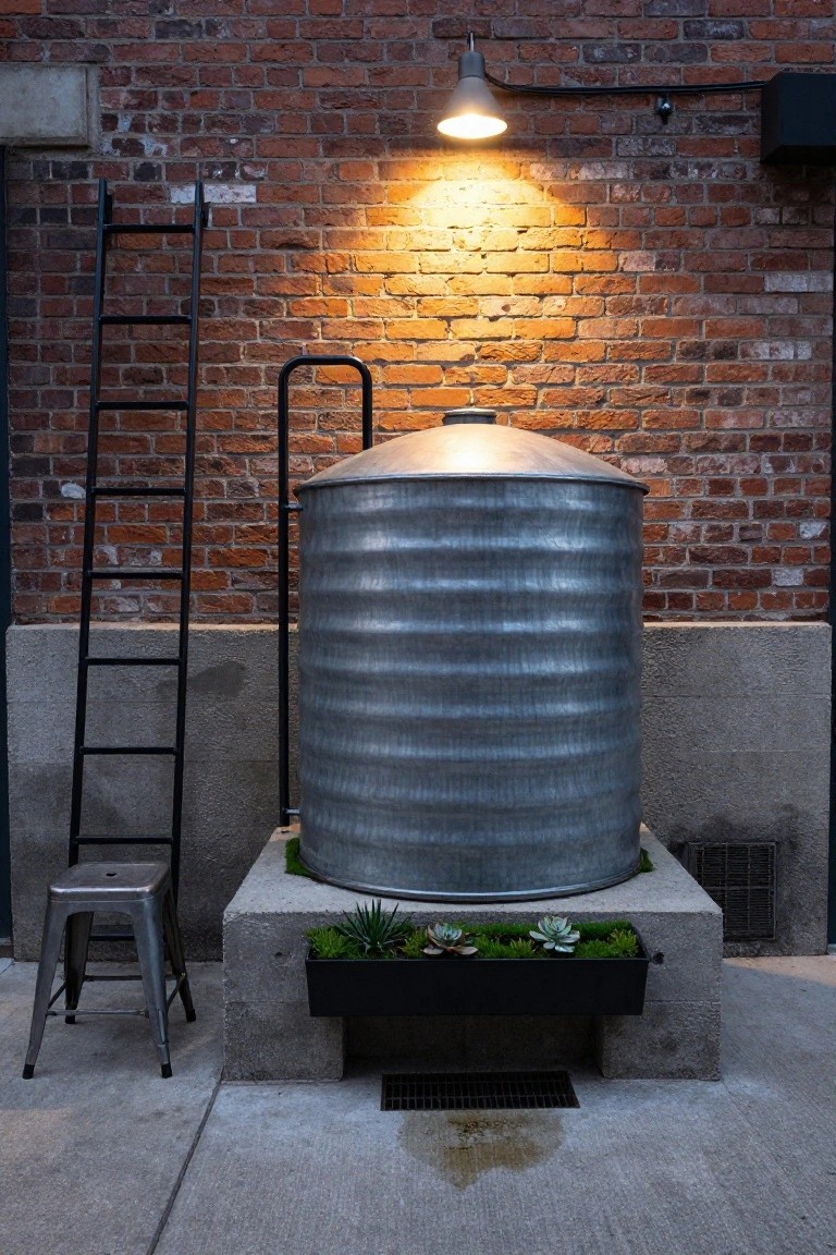 Galvanized metal water tank on concrete platform beside brick wall.