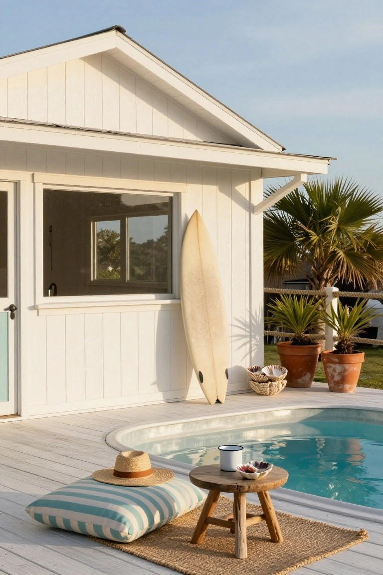 White wooden house with surfboard leaning against the wall beside a small turquoise stock tank pool on a light wood deck, featuring a striped floor cushion, straw hat, wooden stool with enamel mug and shell dish, seagrass rug, potted plants, and palm trees in the background.