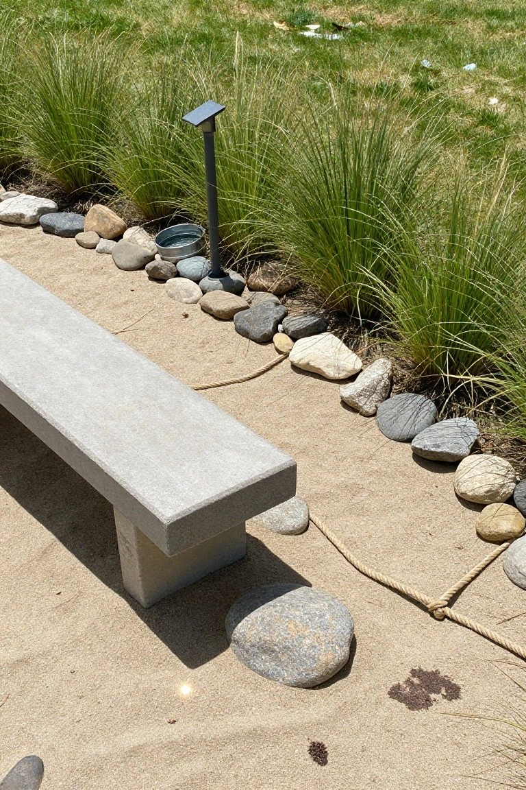 Concrete bench positioned next to a beige sand path edged with various gray and tan rocks, bordered by tall green ornamental grasses, with a galvanized metal bowl, solar light post, and coiled rope visible.