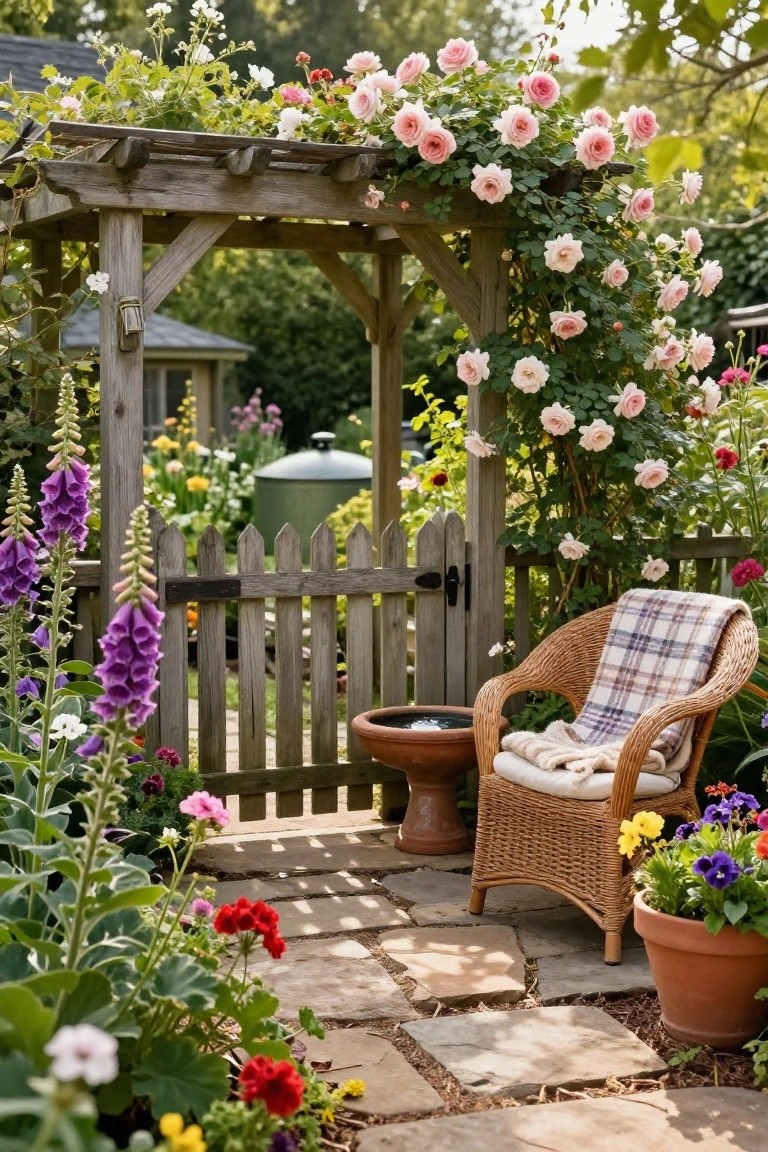 Wooden garden arbor overgrown with pink climbing roses arches over a narrow white picket fence gate next to a plaid-blanket-draped wicker armchair on a stone patio amid foxgloves, geraniums, and potted plants.