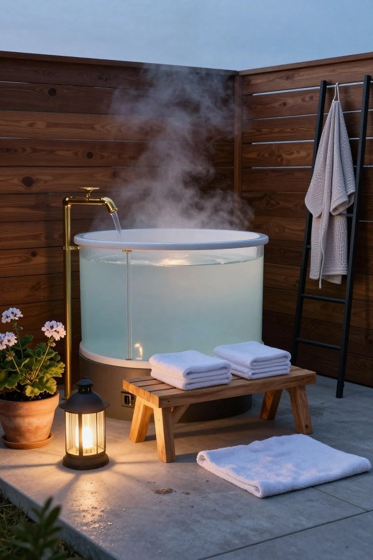Wooden privacy panels surround a clear acrylic soaking tub outdoors with a gold faucet filling it, steam rising from the water, folded white towels on a wooden bench, hanging towels on a ladder, potted plants, and a lit lantern nearby.
