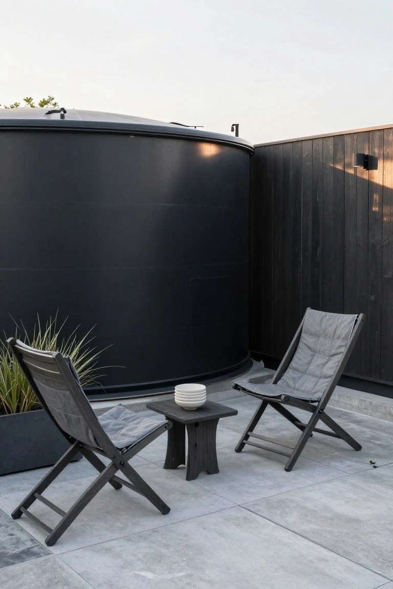 Two gray canvas folding lounge chairs and a black wooden low table positioned on a concrete patio next to a large black cylindrical stock tank, with potted grasses and black wooden fencing nearby.