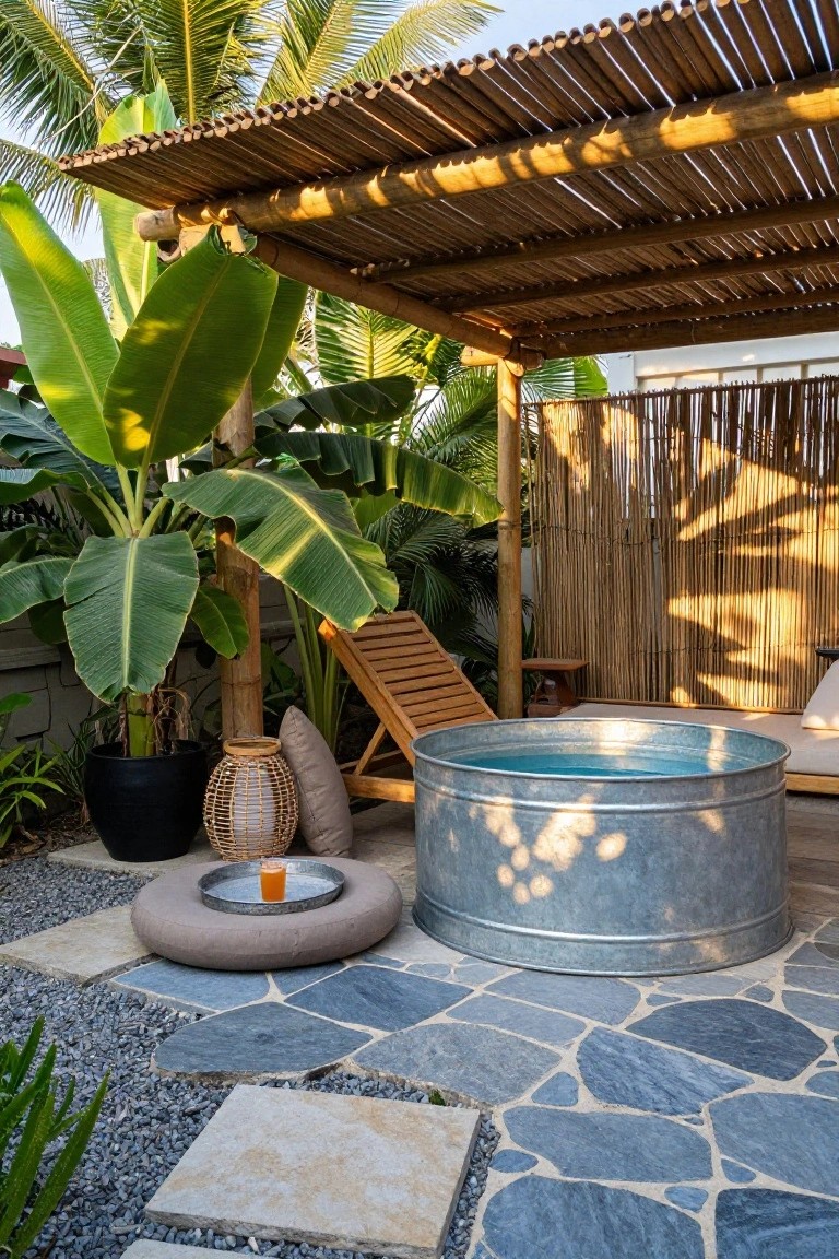 Galvanized stock tank pool under bamboo pergola roof surrounded by tropical plants including banana trees, with lounge chair, pouf, and side table on stone pavers.