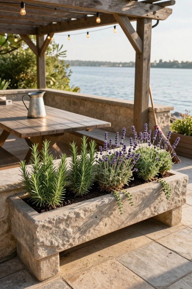 Wooden pergola with hanging string lights over a patio dining table and bench on stone pavers, large rectangular stone trough planter filled with rosemary, lavender, and trailing plants along the edge, stone wall overlooking a lake.