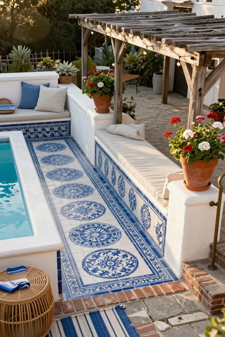 Small turquoise pool with blue-and-white patterned ceramic tiles along the edges and steps, white stucco walls with built-in benches, potted red geraniums, wooden pergola overhead, and rattan stool with towels nearby.