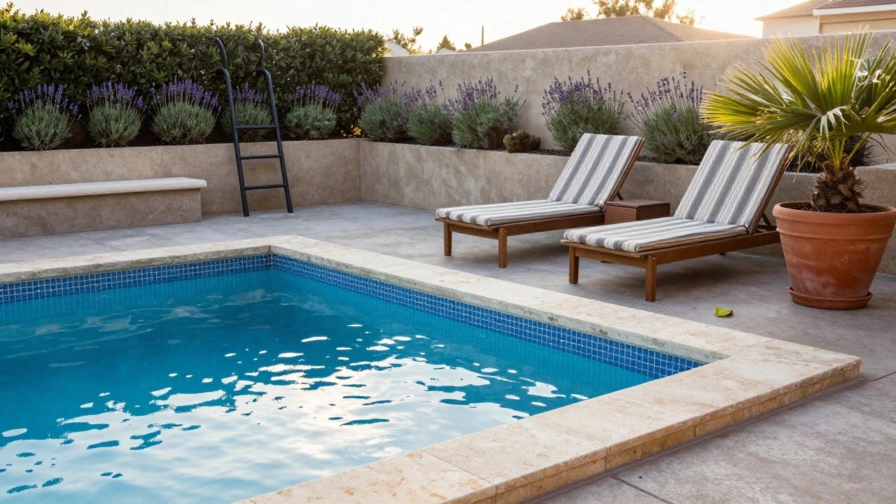 A rectangular in-ground swimming pool with blue mosaic tile edges and beige stone coping, adjacent dark stone steps, wooden benches with white and gray striped cushions, potted plants, lavender shrubs, and a palm tree near a stucco wall under a clear sky.