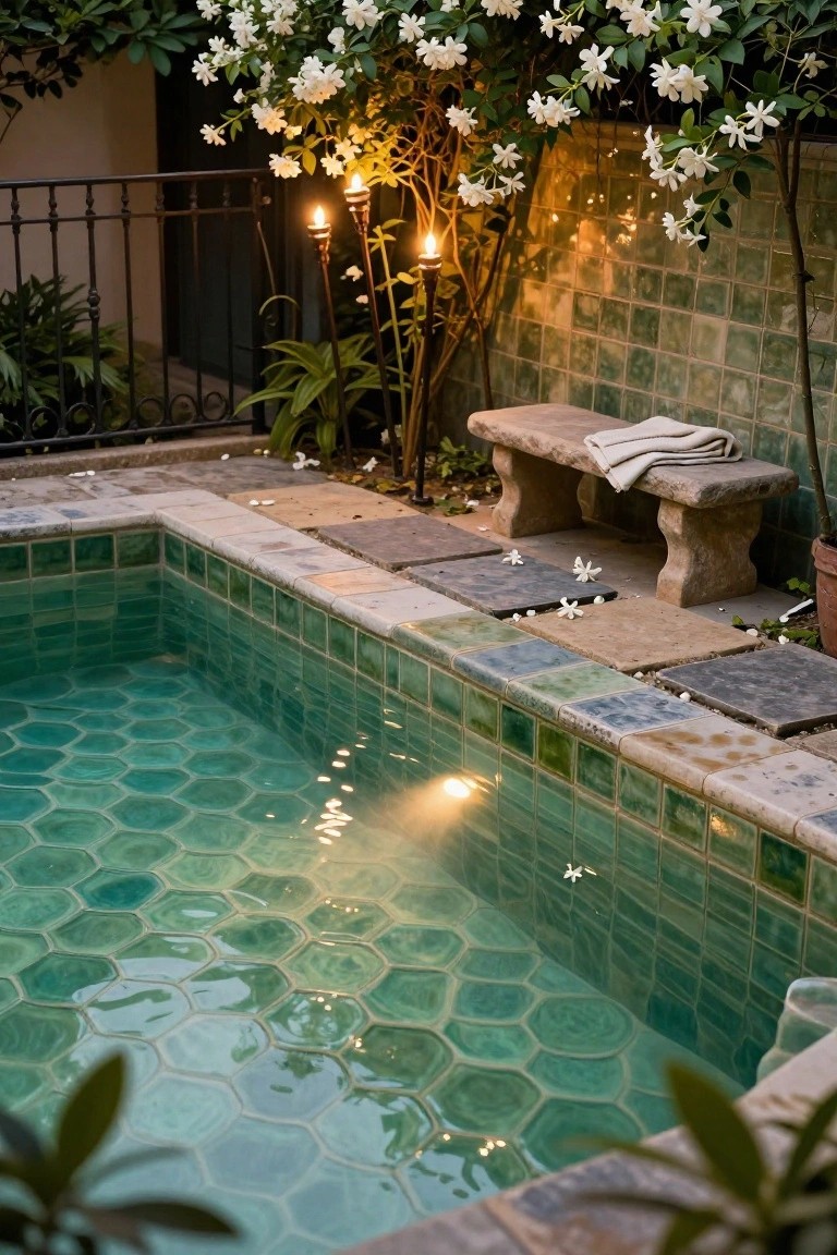 A small rectangular pool with emerald green hexagonal tiles, surrounded by a tiled edge, stone bench with towel, potted plants, white jasmine flowers, and lit torches against a green tiled wall at dusk.