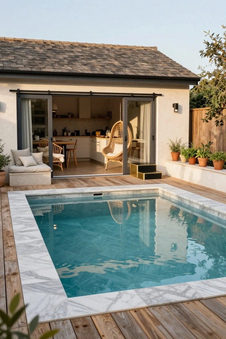 Small rectangular plunge pool with white veined marble tiles on the surround and bottom, edged by wooden decking next to open sliding glass doors from a kitchen area with plants and seating.