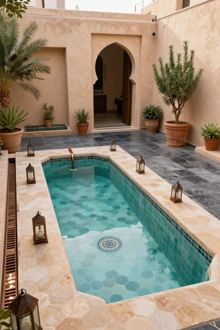 Narrow rectangular pool with turquoise hexagonal tiles on the bottom and sides, featuring a central circular mosaic medallion, set in a beige stone courtyard with dark slate flooring, terracotta lanterns, potted plants, and palm trees.