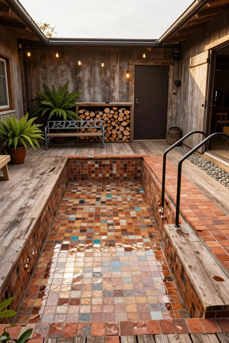A small rectangular plunge pool with multicolored terracotta mosaic tiles, set into a weathered wooden deck surrounded by timber walls, ferns, a metal bench, firewood stack, and metal railings.