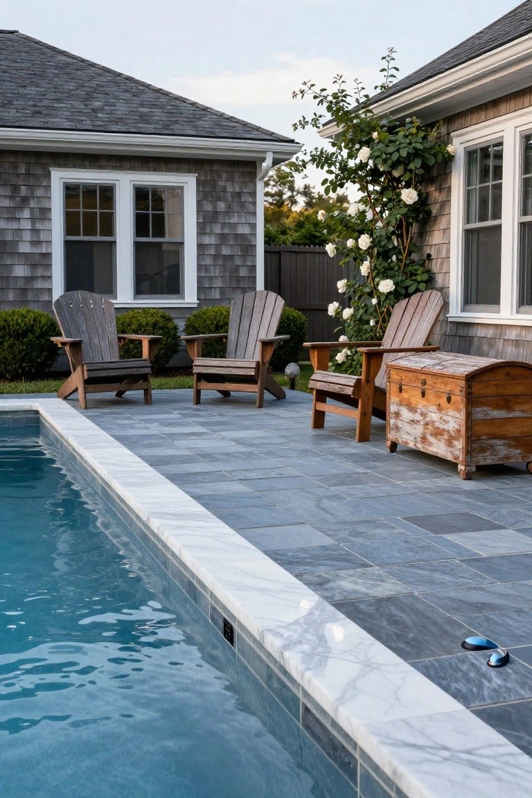Pool surrounded by dark gray slate tiles with white marble coping edge, two wooden Adirondack chairs, wooden chest, boxwoods, and climbing white roses on gray shingled house exterior.