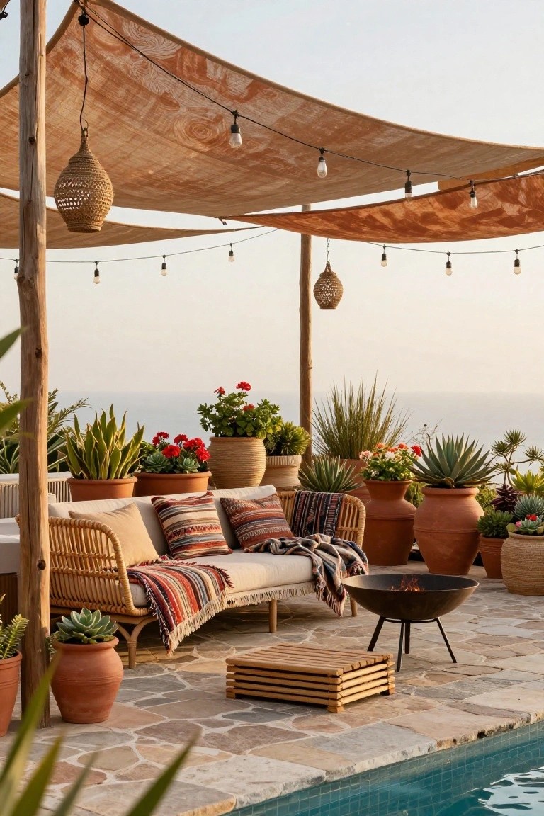 Pool deck under draped terracotta fabric canopy on wooden poles with string lights, rattan lounge sofa with patterned blankets, assorted terracotta potted plants including agaves and succulents, metal fire pit on pebble stone flooring, and edge of turquoise pool with ocean horizon.