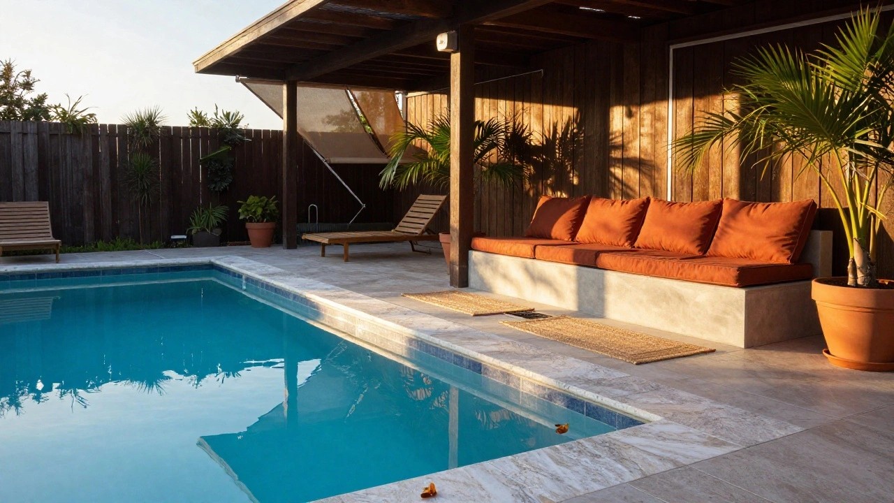 Wooden pergola with slatted side screens shading a pool deck area that includes an orange sofa, two loungers, a side table, and a turquoise swimming pool.