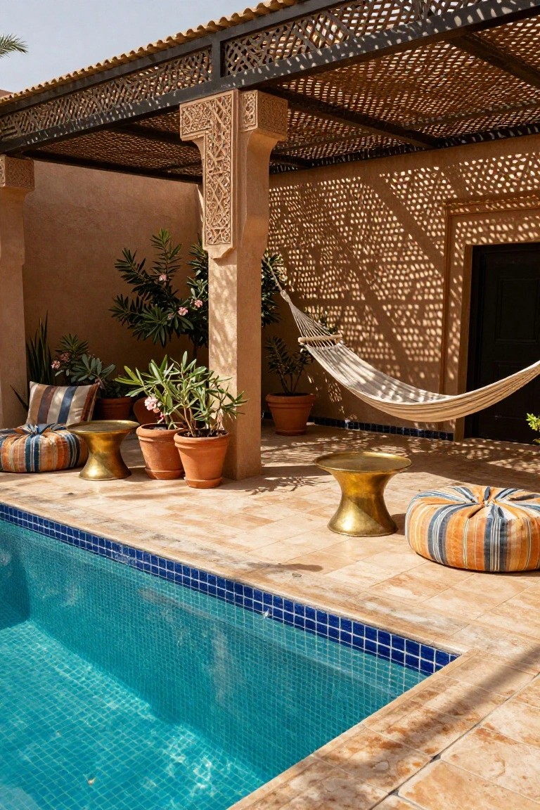 Pool deck shaded by latticed metal pergola with carved pillars, hammocks, potted plants, gold pedestal tables, colorful poufs and cushions beside a blue mosaic-tiled pool and terracotta walls.