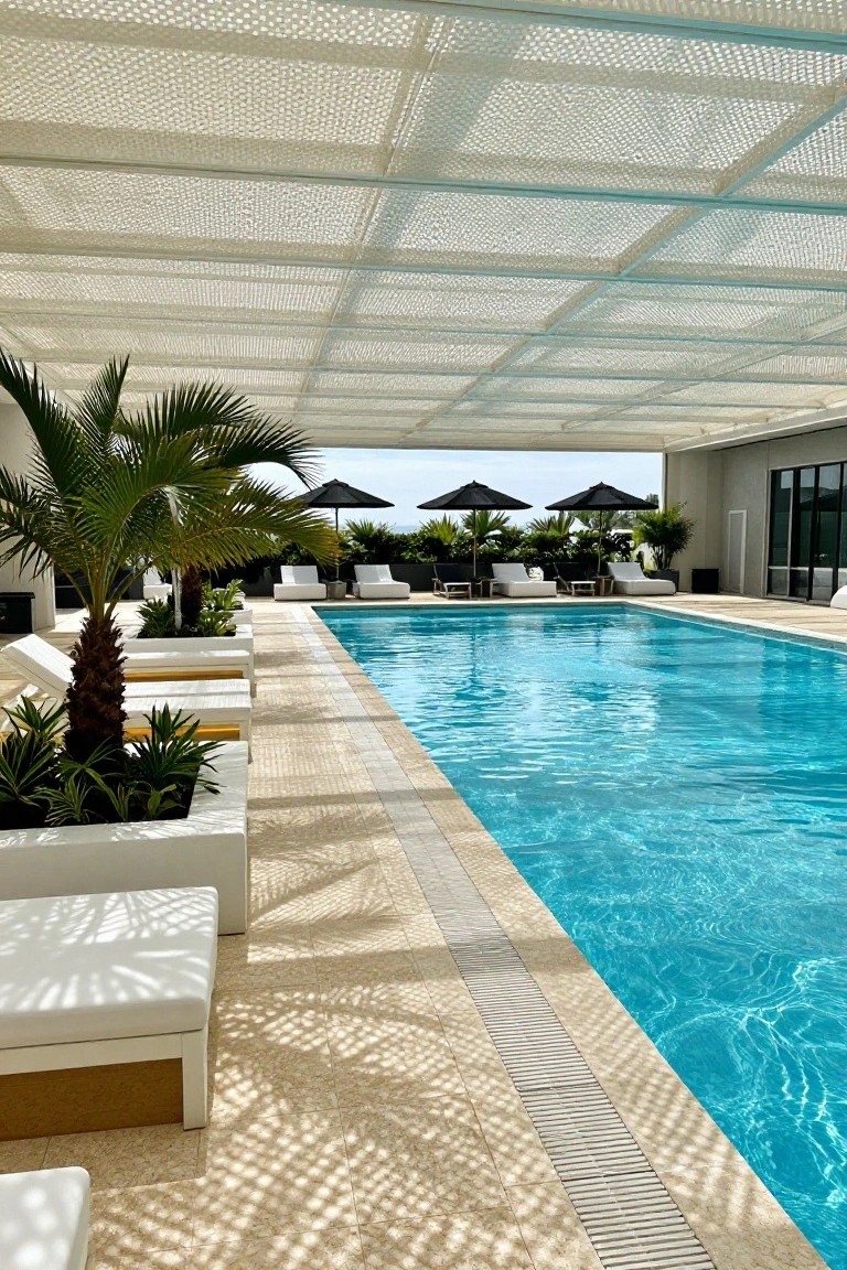 Rooftop pool deck with a turquoise pool edged by white sun loungers and potted palms, black umbrellas nearby, under a white perforated canopy casting patterned shadows on beige tiles.