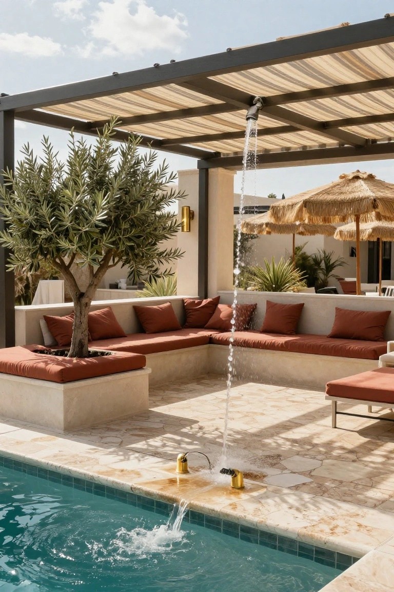 Pool deck with L-shaped terracotta bench seating under a black metal pergola covered in beige striped fabric, olive tree in bench planter, water falling from pergola spout into pool, gold fountain fixtures, lounge chair, and nearby umbrellas.