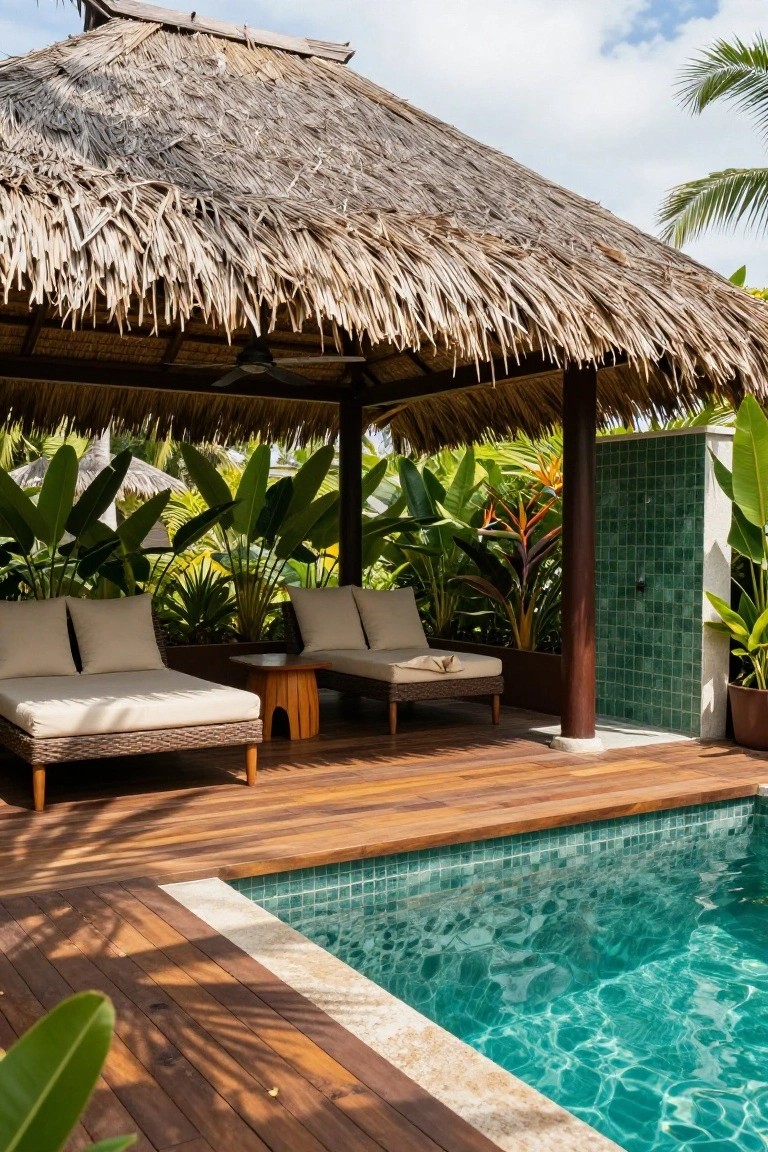 Wooden deck adjacent to a small turquoise mosaic-tiled pool with a thatched-roof pavilion sheltering two rattan loungers, surrounded by tropical plants and a green-tiled outdoor shower.