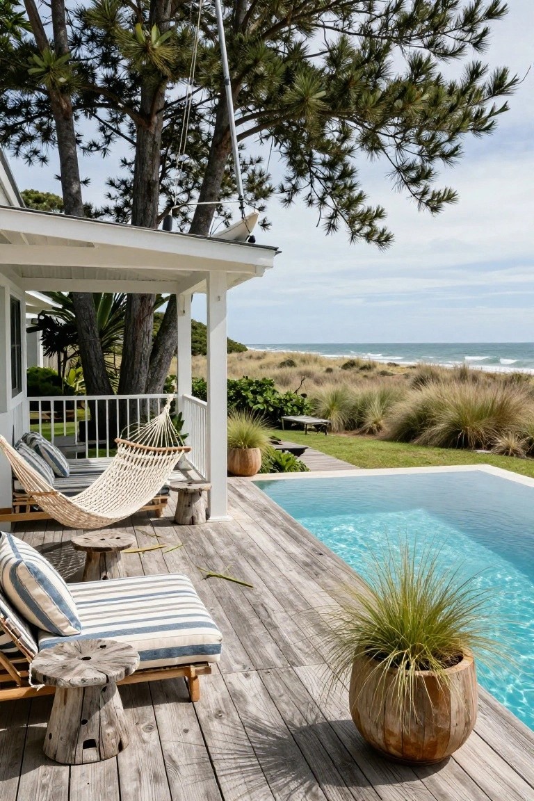 Weathered wooden deck beside turquoise infinity pool with white hammocks, striped loungers on stump tables, potted grasses, tall pine trees overhanging, white house veranda, dune grasses, and ocean view.