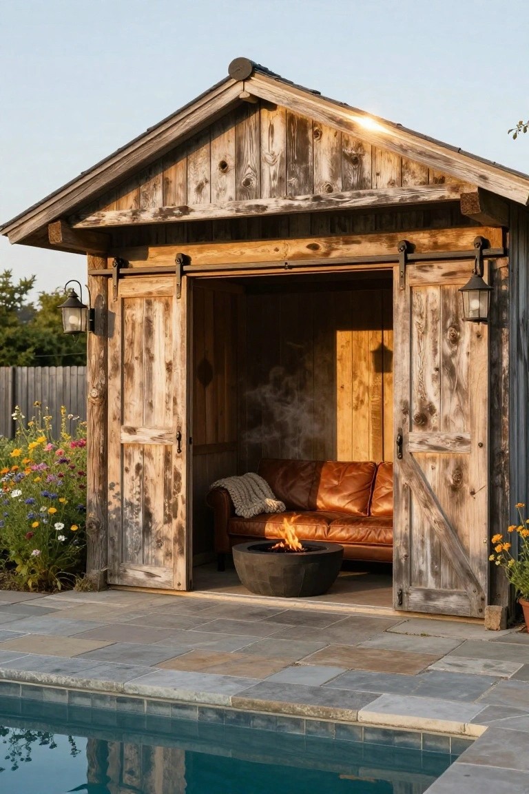 Rustic wooden cabana with open sliding barn doors next to a pool, containing a leather sofa, knit throw, and black fire bowl on a stone patio surrounded by colorful flowers.