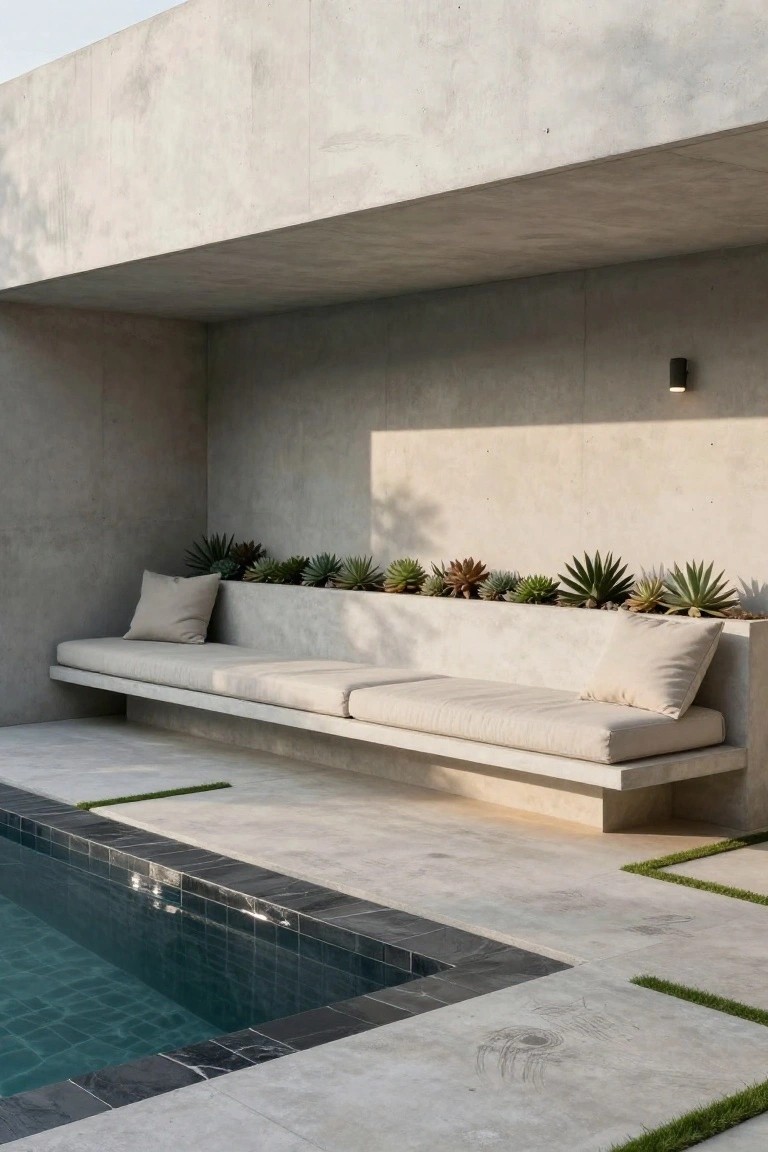 A built-in concrete bench with beige cushions and integrated succulent planters along a textured wall, next to a small rectangular pool with black tiled edges on a concrete patio with thin grass strips.