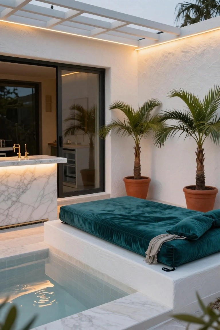 Small turquoise pool next to an elevated platform with green velvet cushions and pillows, marble countertop bar with gold faucet, potted palm trees, white pergola overhead, and glass doors leading to an indoor kitchen area.