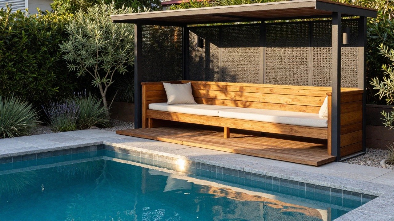 Modern pool cabana with vertical wooden cladding, black metal frame, built-in wooden bench with white cushions, sliding glass door, wooden deck adjacent to rectangular pool with black tile edge and gravel surround.
