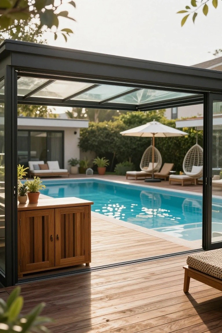 Black-framed glass cabana with open sliding doors on a wooden deck next to a turquoise pool, featuring a wooden storage cabinet with potted plants, loungers, hanging egg chairs, and umbrellas in the background.