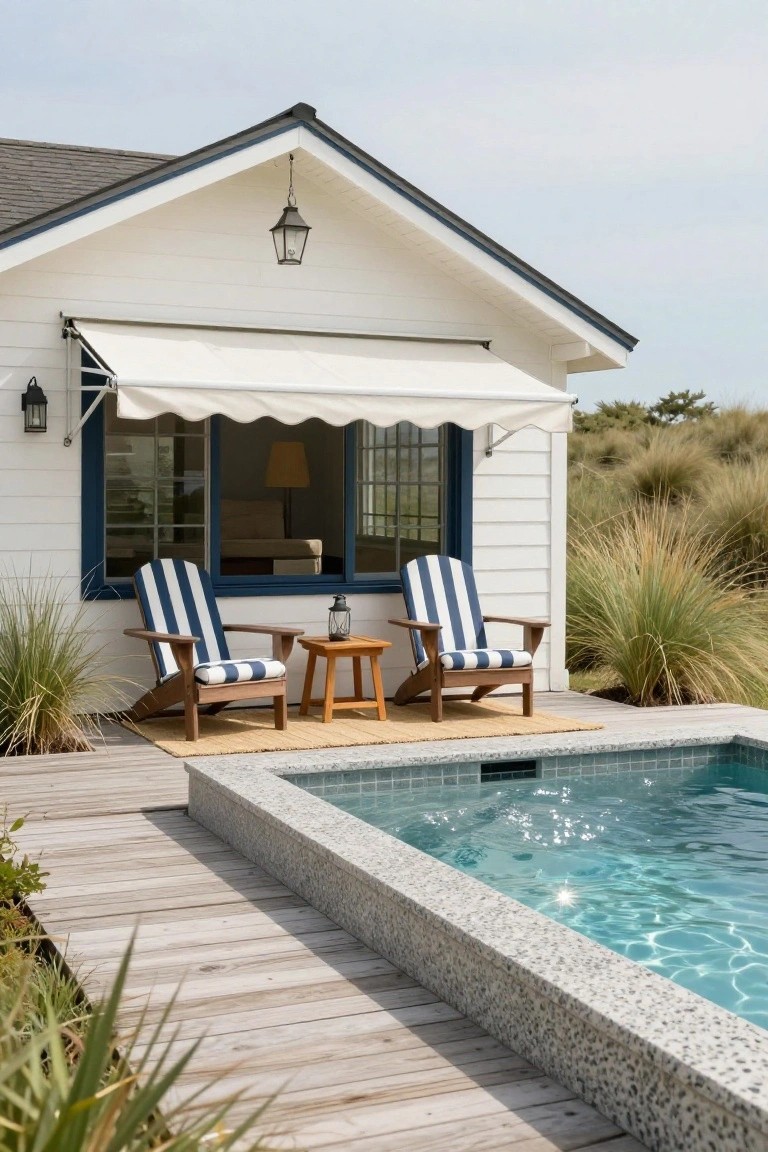 White wooden cabana with blue trim and awning beside two navy-and-white striped Adirondack chairs on a wooden deck with a small round table, next to a compact pool edged in gray pebbles and surrounded by grasses.