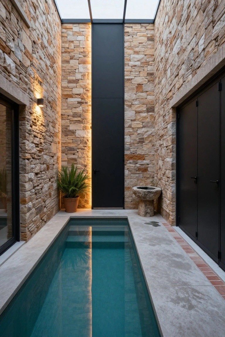 Narrow turquoise pool alongside one wall in a stone courtyard with black double doors, warm wall lighting, a potted plant, and a stone basin.