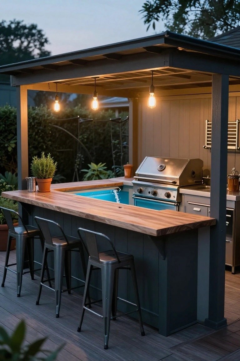 Outdoor cabana under a dark wood roof with wooden bar countertop overhanging a small turquoise pool, stainless steel grill and sink built into gray cabinets, four metal stools, pendant lights, potted plants, and wooden deck surrounded by greenery at dusk.