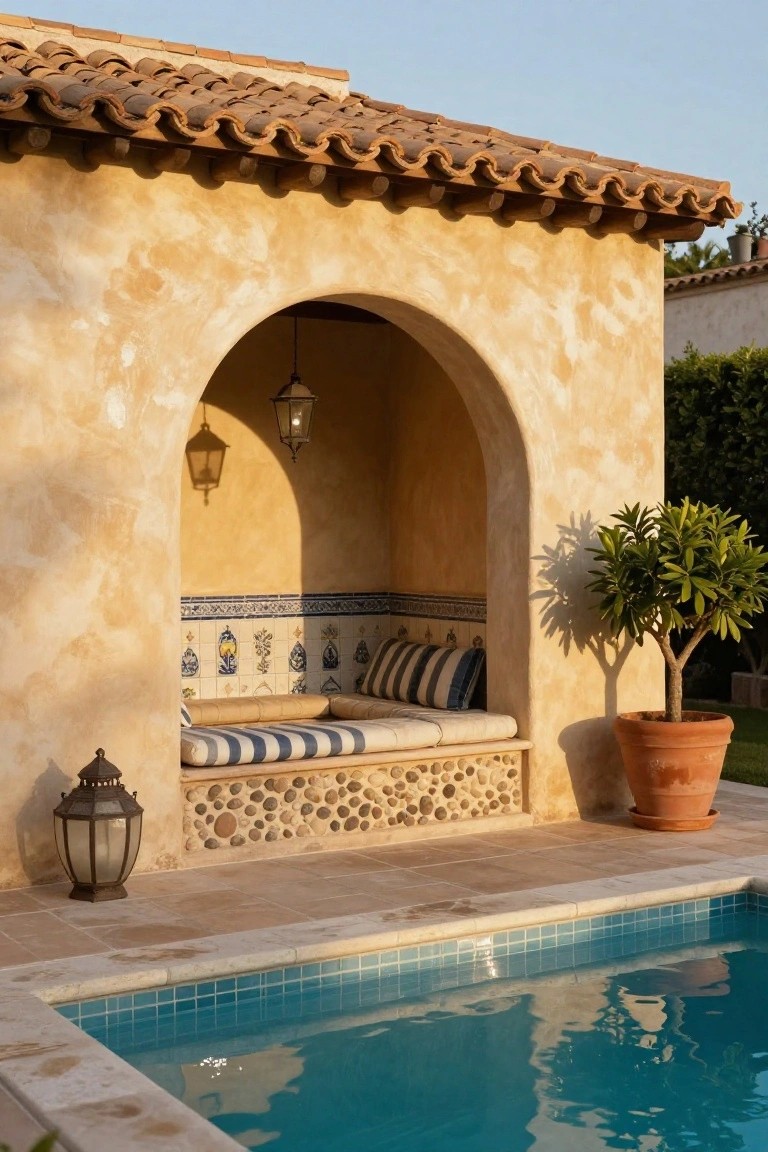 Beige stucco arched alcove with built-in cushioned bench, blue-and-white tiled backsplash, hanging lantern, floor lantern, potted tree, and small turquoise pool edge in foreground.
