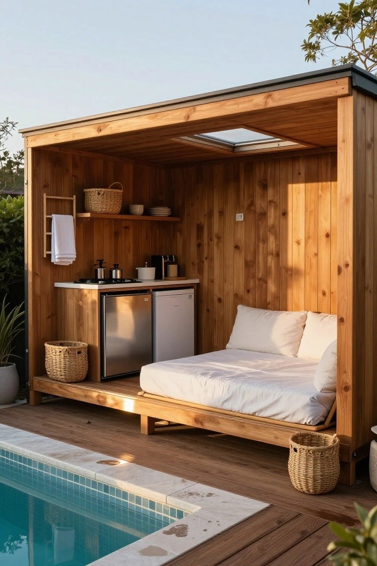 Open-sided wooden cabana next to a small turquoise pool with platform bed, mini kitchen including silver fridge and cooktop, wooden shelves holding baskets and dishes, potted plants nearby.