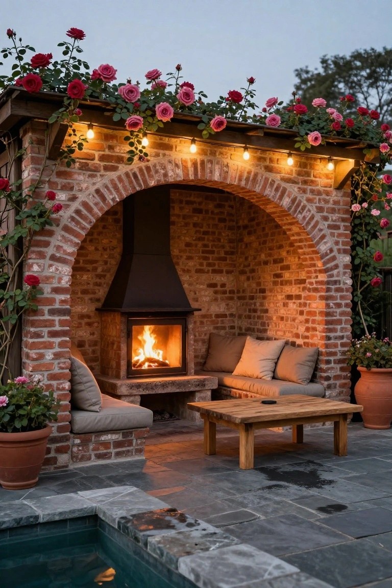 Brick arched outdoor cabana enclosing a black fireplace with burning logs, flanked by beige cushioned benches and a wooden table, surrounded by climbing pink roses, string lights overhead, terracotta pots, and a small turquoise pool on slate paving.