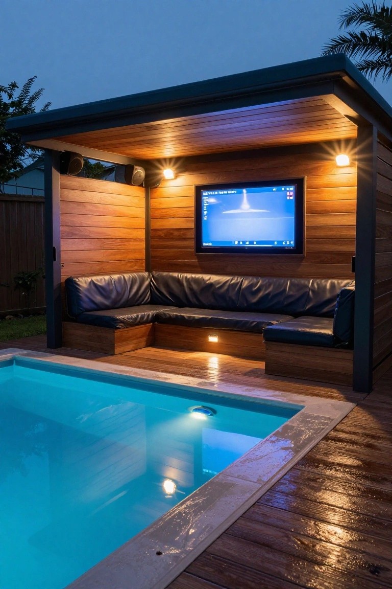 Wooden outdoor cabana beside a lit blue pool at dusk, with black leather L-shaped bench seating, wall-mounted TV on wood paneling, speakers, and ambient lights.