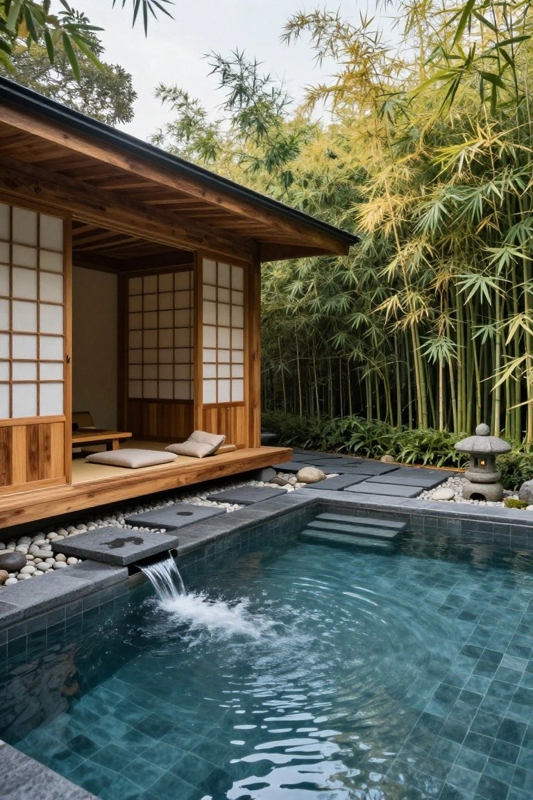 Wooden cabana with shoji screens, tatami mats, and low table adjacent to a small rectangular pool with dark tiles, stone waterfall, pebbles, and surrounding bamboo plants.