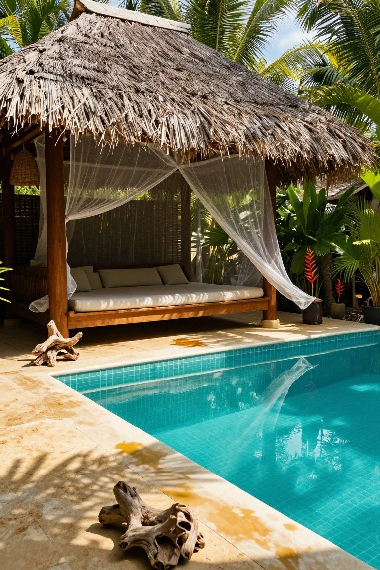 Thatched roof cabana with white mosquito net canopy over a wooden daybed next to a turquoise tiled pool, surrounded by tropical plants, palms, and driftwood on a stone pool deck.