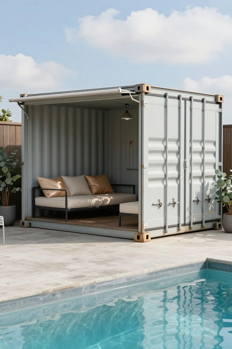 White shipping container modified into an open poolside cabana with beige sofa, pillows, potted plants, and a blue pool on a light gray pavers patio under a clear sky.