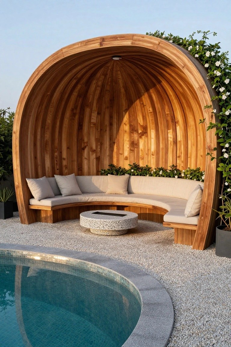 Curved wooden cabana structure with integrated beige cushioned bench seating encircling a white stone fire pit table, positioned beside a curved turquoise pool on pebble ground with plants and vines.