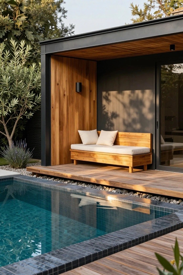 Modern pool cabana with vertical wooden cladding, black metal frame, built-in wooden bench with white cushions, sliding glass door, wooden deck adjacent to rectangular pool with black tile edge and gravel surround.