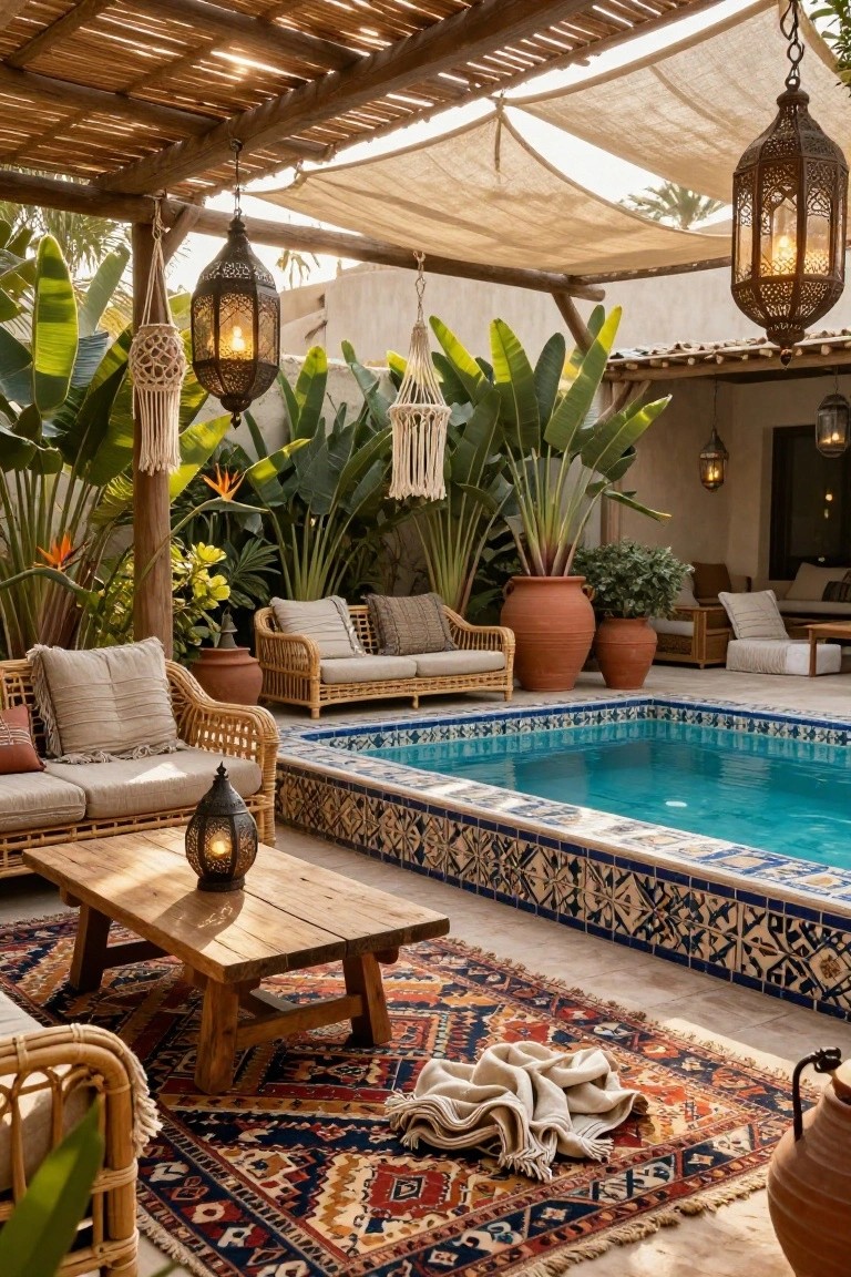 Backyard pool with blue tiled edges and rattan sofas, chairs, wooden table, hanging metal lanterns, potted plants, and a woven rug under a thatched pergola with beige fabric drapes.