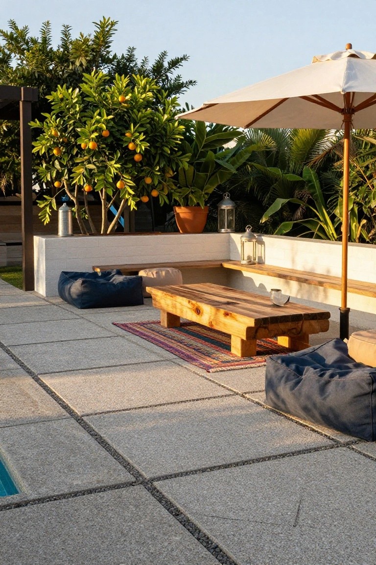 Pool deck area featuring navy bean bags, beige cushions, low wooden table on a multicolored rug, white umbrella, potted orange tree, and surrounding tropical plants.
