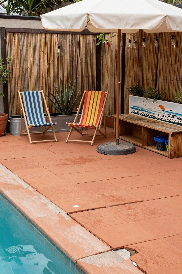 Terracotta tiled pool deck with blue striped and orange striped lounge chairs under a white umbrella, next to a bamboo fence, wooden bench with artwork, potted plants, and swimming pool edge.