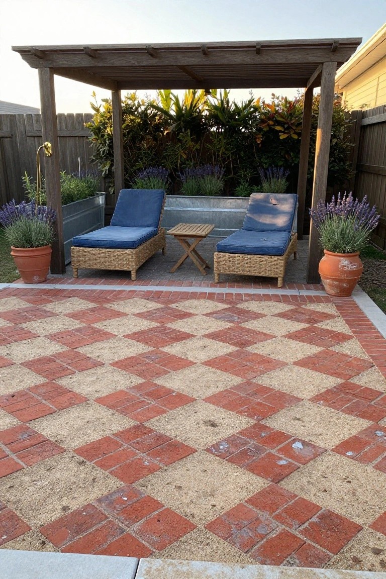 Wooden pergola shading two blue chaise lounges and a table on a red and beige checkerboard brick paver patio surrounded by potted lavender and plants against a fence.