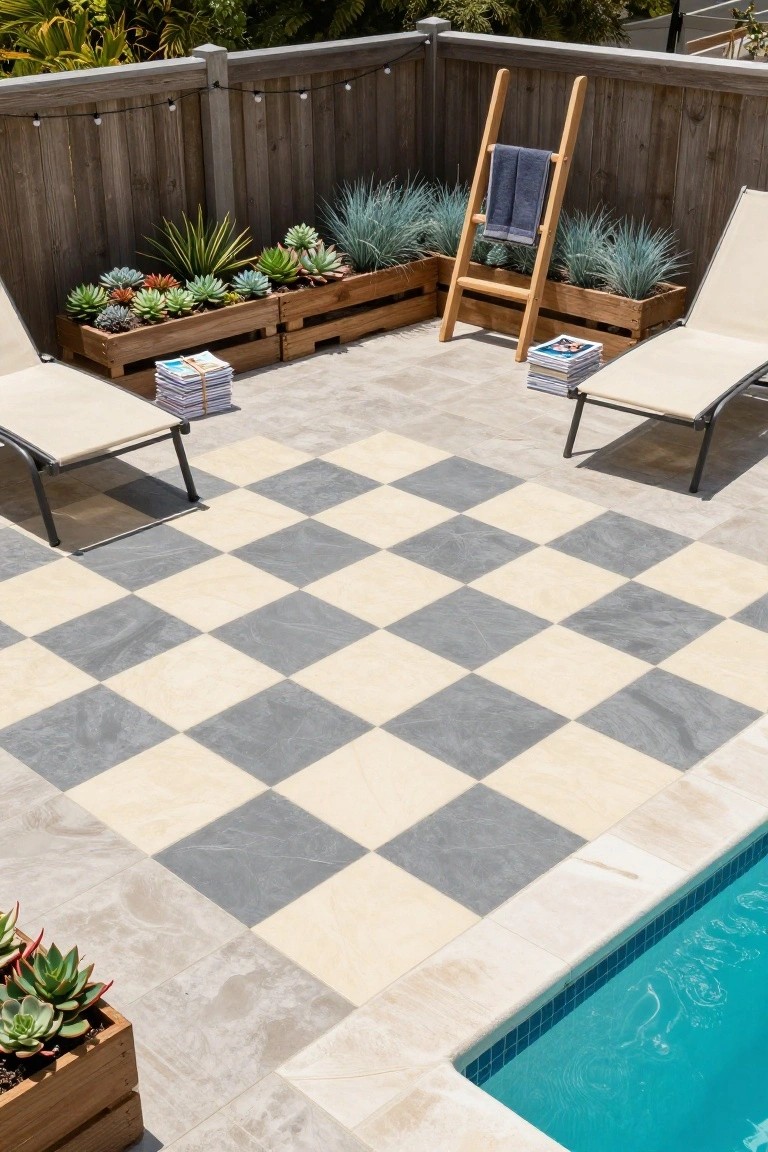 Overhead view of a pool deck with large black and white checkered tiles, wooden planter boxes filled with succulents and agave plants, two beige lounge chairs with stacked magazines nearby, a wooden ladder draped with towels, and the edge of a turquoise pool.