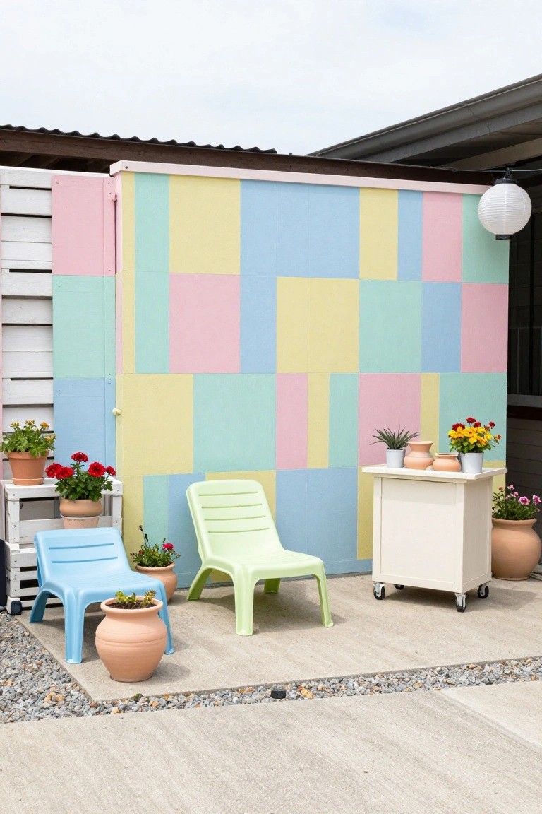 Colorful geometric wall painted in pastel blocks of pink, yellow, blue, mint, and white behind blue and lime green plastic chairs, potted plants, and a small white table on wheels on a concrete patio with gravel edging.