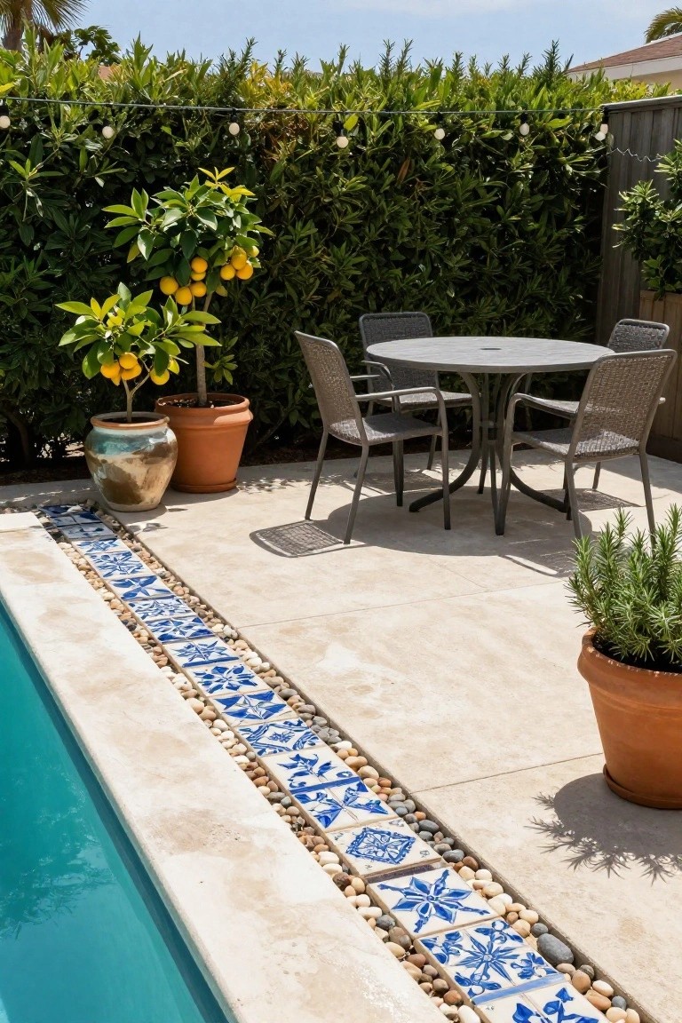 Beige stone pool deck edged with blue mosaic tiles and pebbles next to a turquoise pool, with a round wicker table and chairs, potted lemon tree, and rosemary plant nearby, surrounded by hedges and string lights.