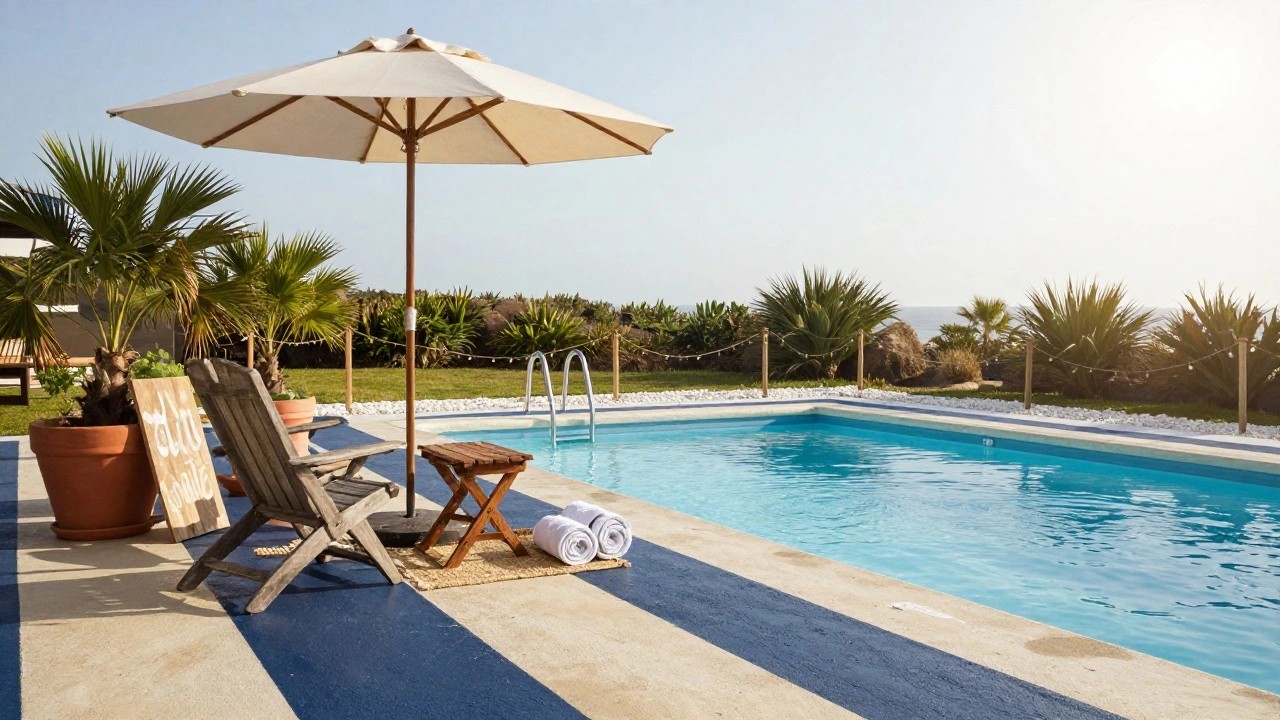 Pool deck with blue and white stripes next to a turquoise pool, featuring wooden Adirondack chairs, low table, white umbrella, potted palms, and rolled white towels by the edge.